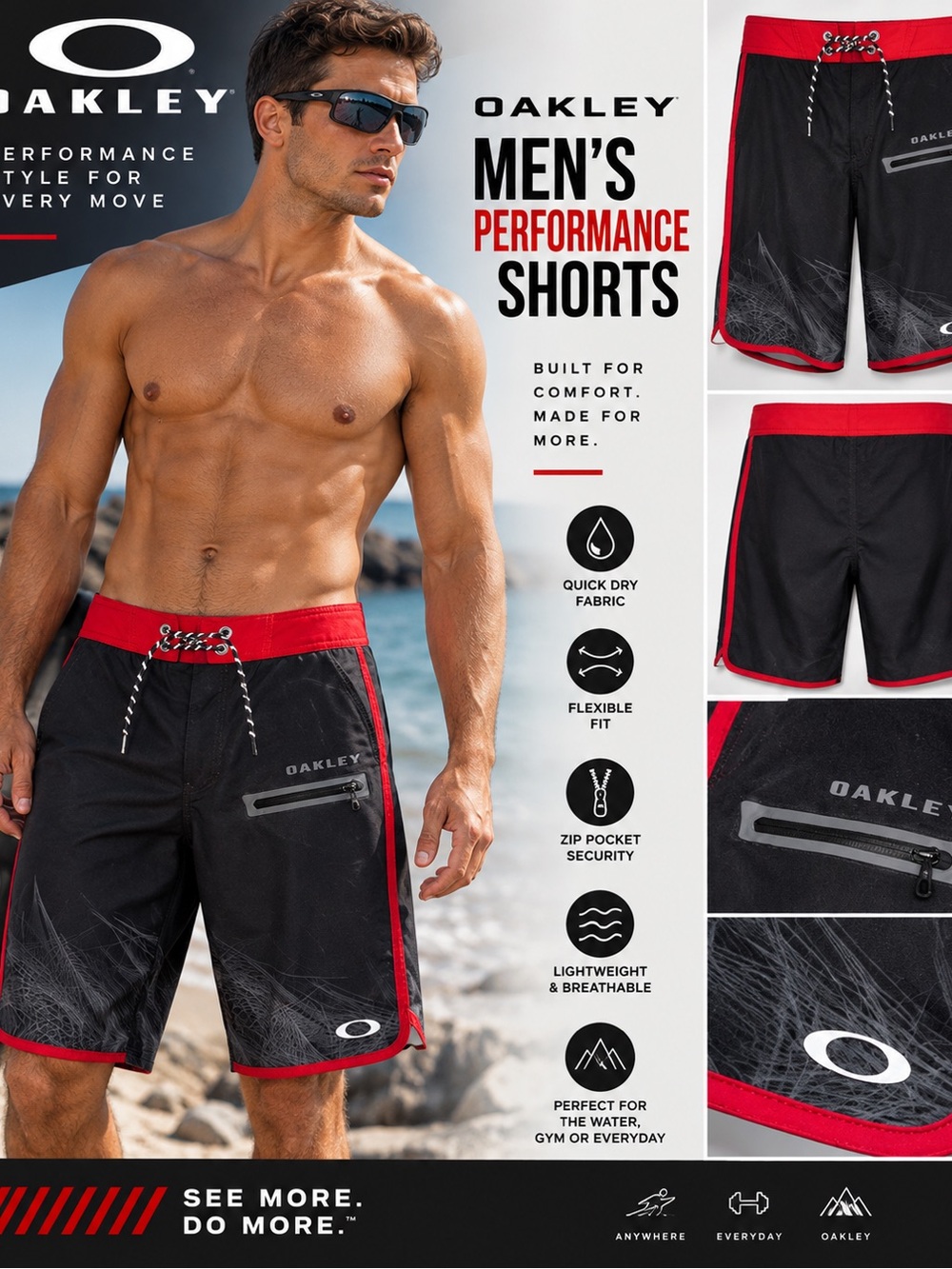 Oakley Men’s Black Swim Board Shorts with Red Accents size 38